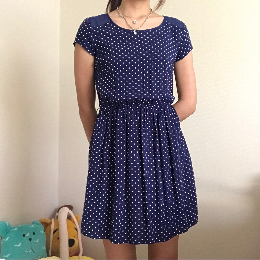Blue and white polka dot dress